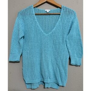 J Jill Sweater Women's Medium Open Knit 3/4 Sleeve Aqua‎ Blue Coastal Beach